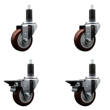 Service Caster 3.5'' Maroon Poly Wheel Swivel 1-1/4'' Expanding Stem Caster Set 2 Brakes, 4PK SCC-EX20S3514-PPUB-MRN-2-PLB-2-114